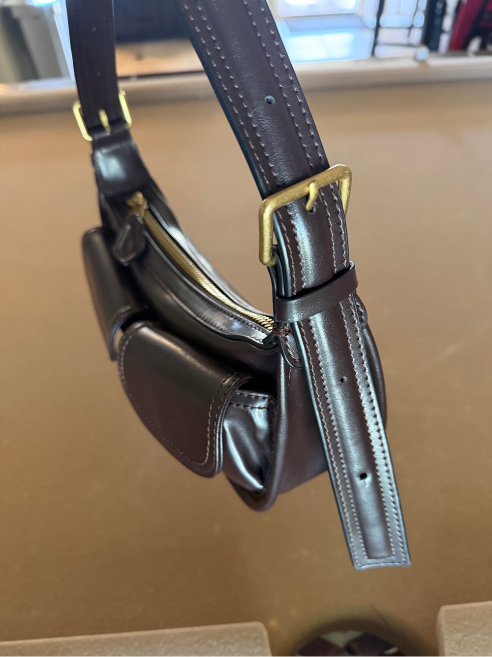 Zara Dark Brown Leather Shoulder Bag with Twin Front Pockets - Picture 5 of 5